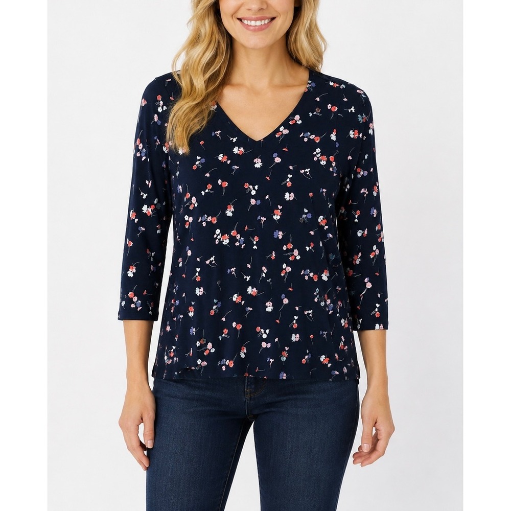 J. Jill V-Neck Top Women Small Blue Floral Pima Cotton 3/4 Sleeve Cottagecore